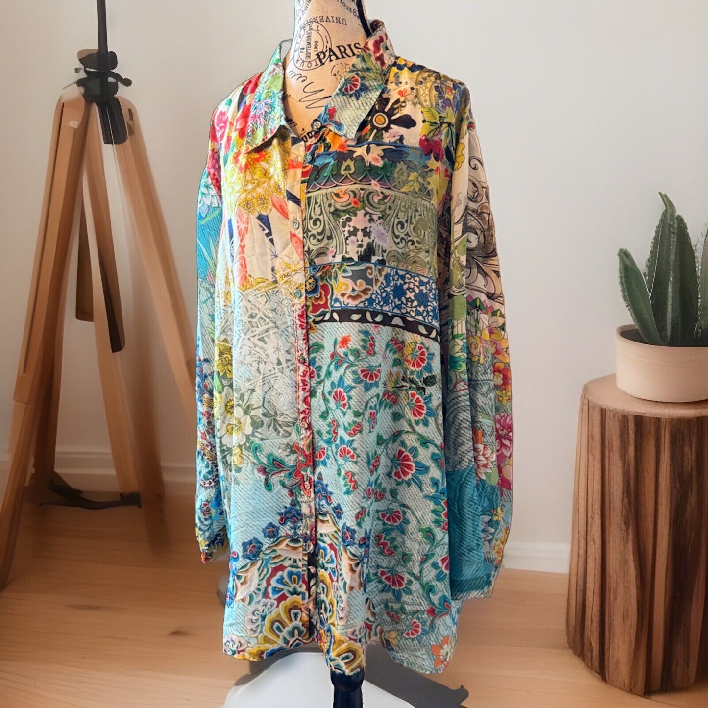 Johnny Was 3X 3XL 100% Silk Button Up Tunic Top Blouse Shirt Kimono L/S Johnny Was