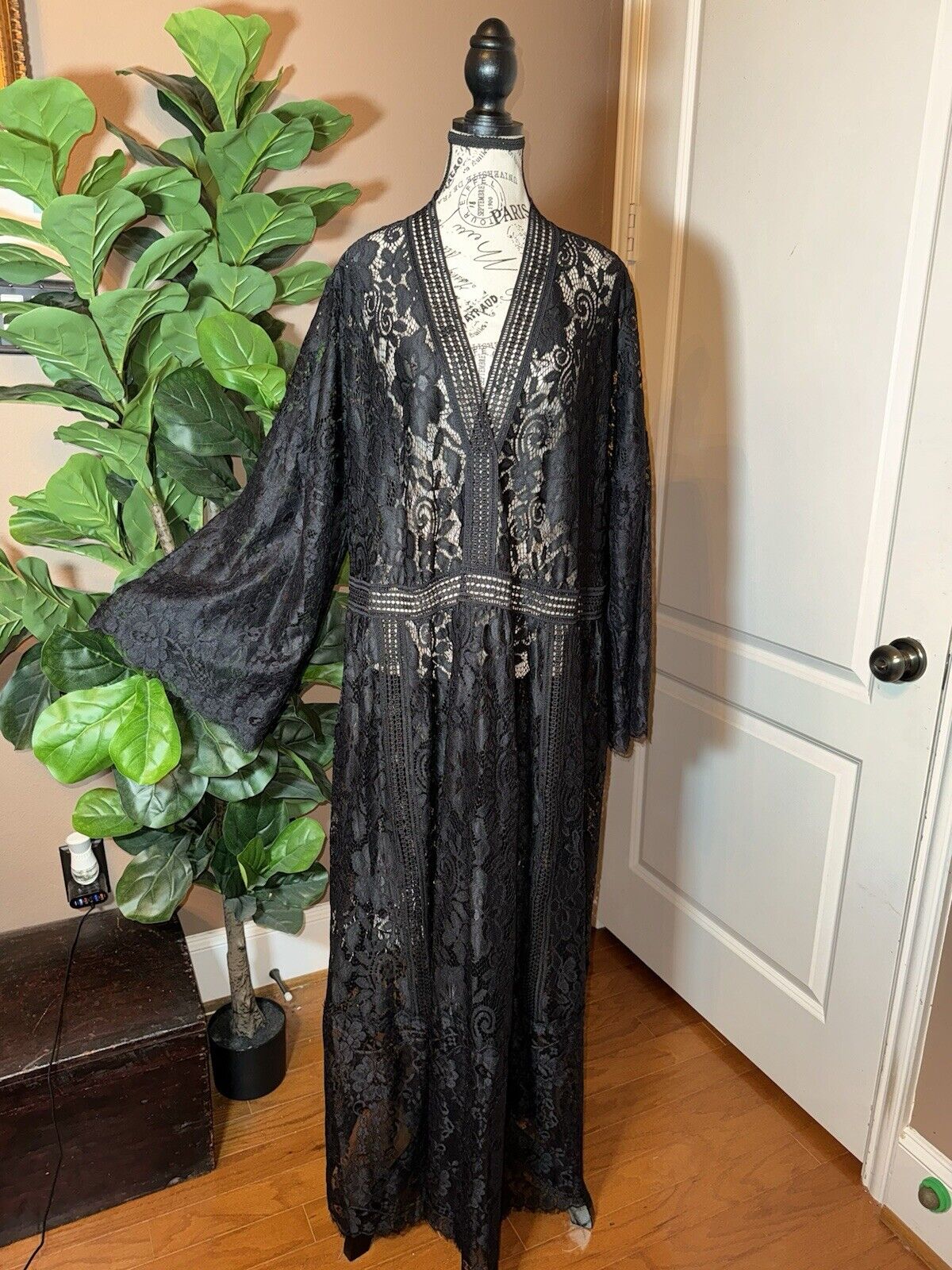 Johnny Was 2X 2XL Black Lace Long Maxi Dress Kimono Sleeves Empire Waist