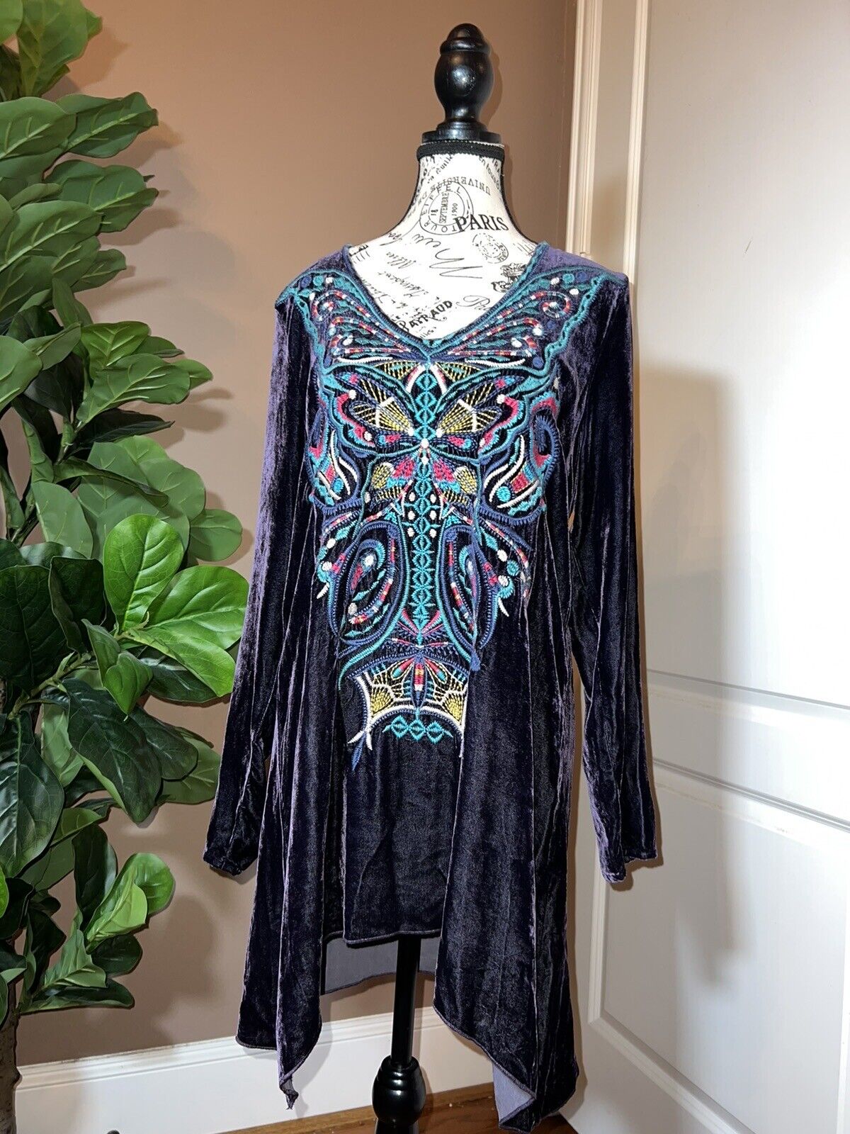 Johnny Was Midnight Purple Butterfly Velvet Embroidered Tunic Top Mini Dress M