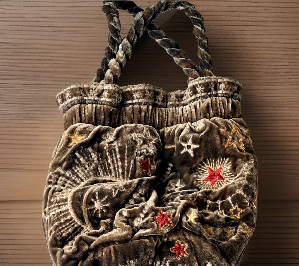 Johnny Was Brown Velvet Bucket Bag Purse Tote Embroidered Celestial Johnny Was