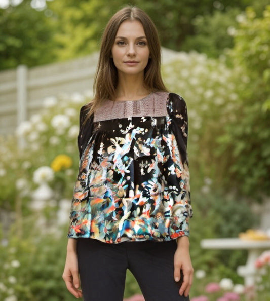 Johnny Was M 100% Silk Peasant Blouse Tunic Top Crocheted Neck Lightweight Cool Johnny Was