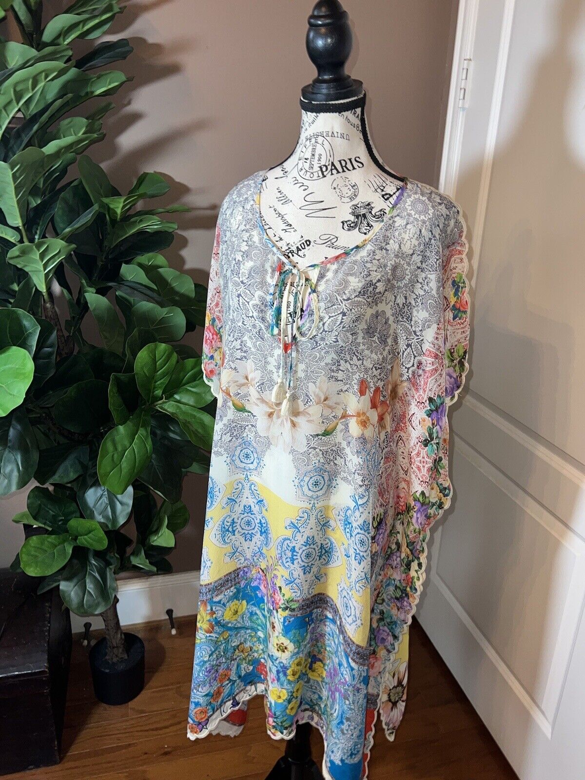 Johnny Was Silky Long Kimono Kaftan Floral & Patchwork Yellow XXL 2XL 2X SPRING