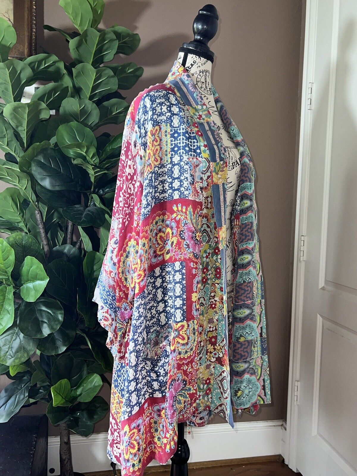 Johnny Was Silky Kimono XXL 2XL 2X Red & Blue Floral Patchwork W/ Pockets SOFT