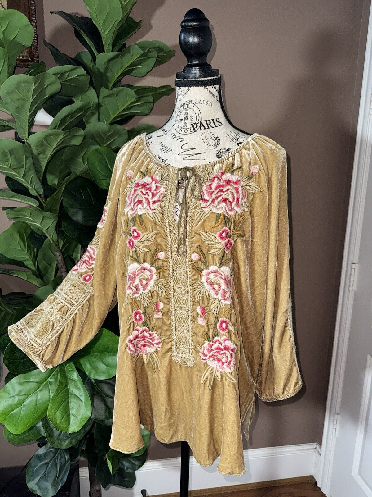 Johnny Was Harvest Gold Sz L Large Velvet Rose Embroidered Tunic Peasant Top