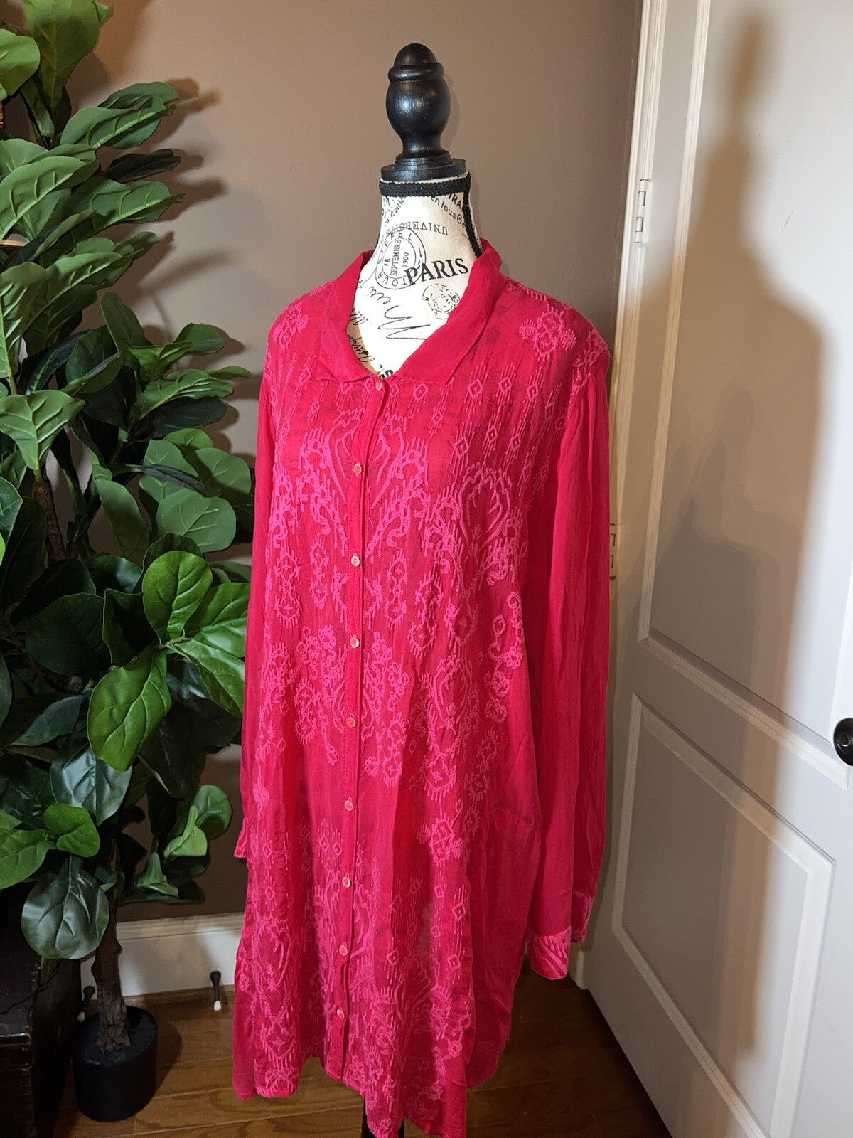 Johnny Was 1X Hot Pink Mini Shift Dress Button Up Shirt Embroidered Tunic Top Johnny Was