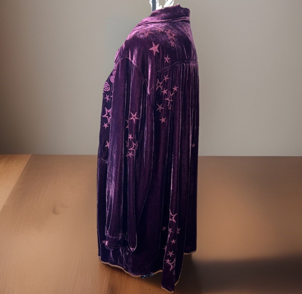 Johnny Was 1X Burgundy Wine Velvet Embroidery Shirt Peplum Top Button Babydoll Johnny Was