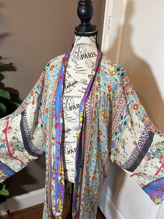 Johnny Was Silky Kimono Sz 2X 2XL Floral With Belt Lavender Pink SPRING & SUMMER