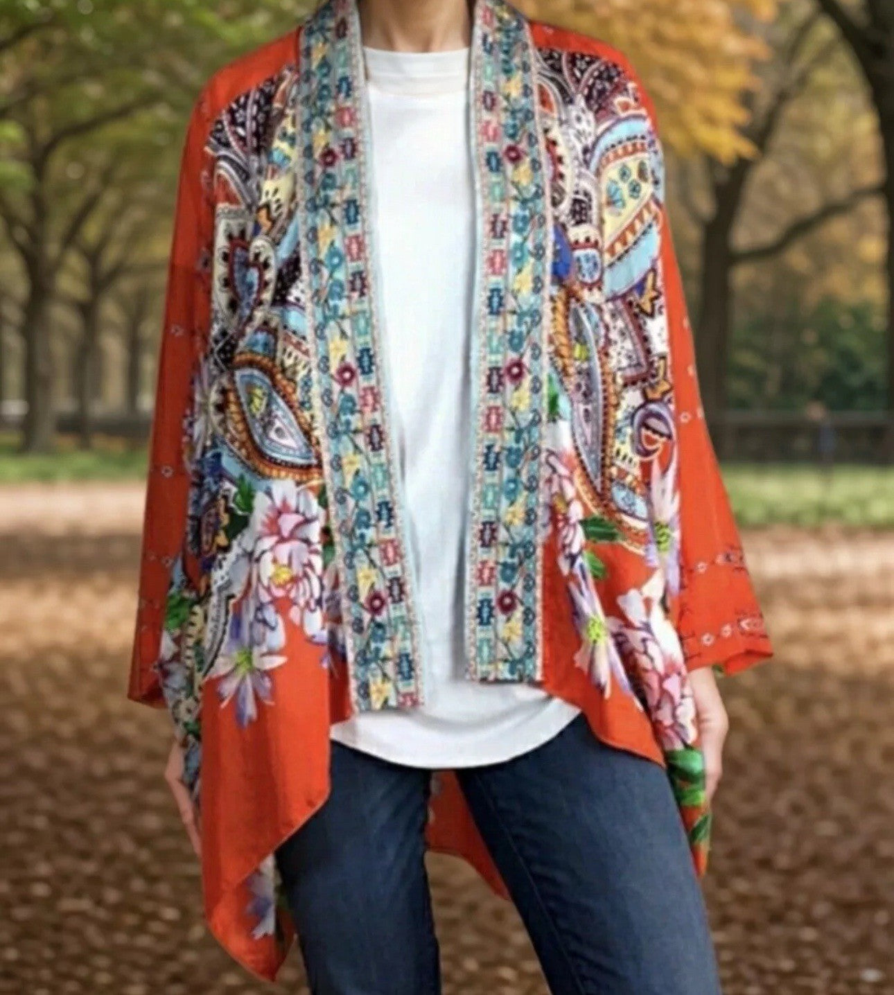 New Johnny Was 100% Silk Kimono XL Embroidered Floral Handkerchief Hem Johnny Was