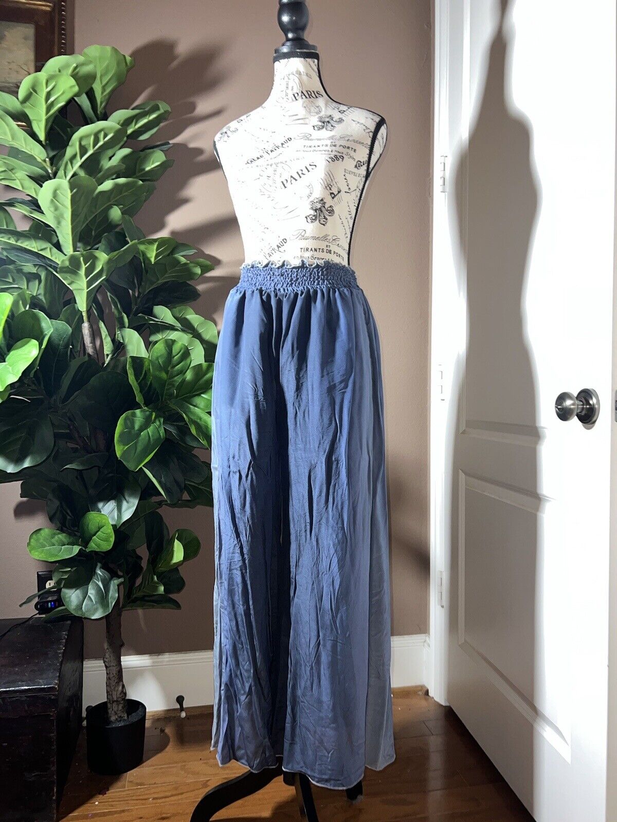 Johnny Was 100% Silk WIDE LEG Blue & Grey Ombré Pants Sz M Perfect W/ Kimono