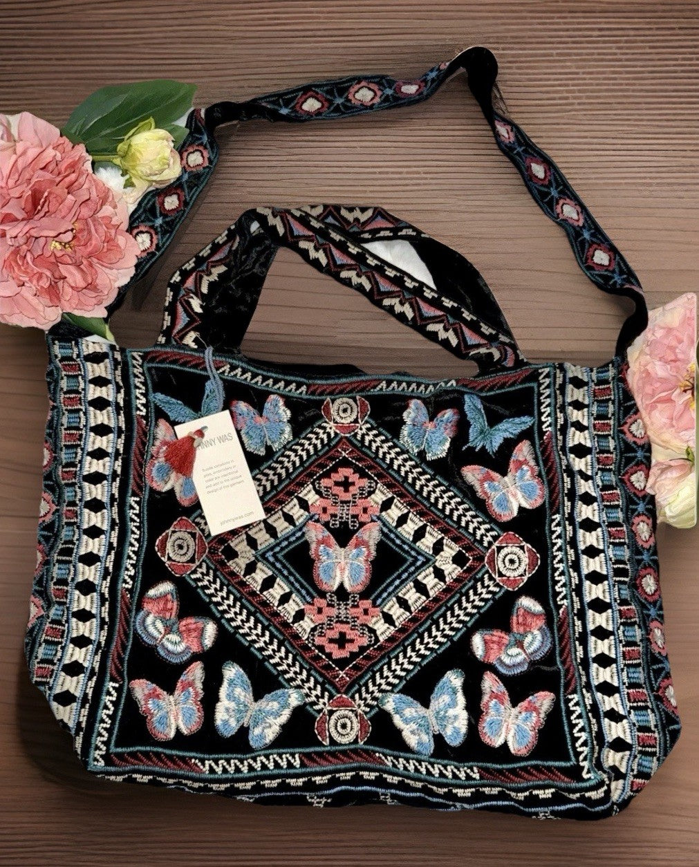 Johnny Was Large Black Velvet Hobo Bag Tote Purse Embroidered Crossbody Johnny Was