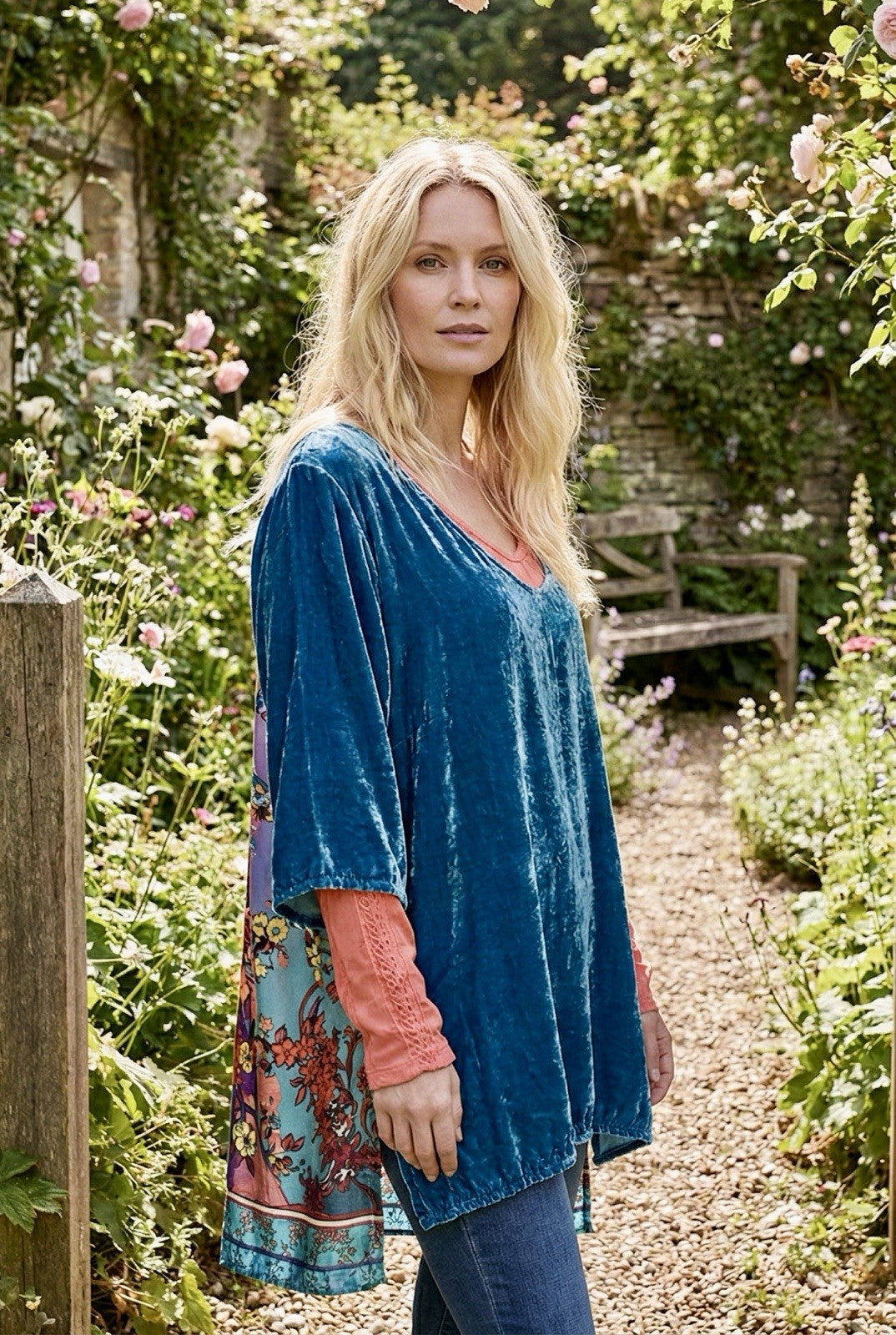 2 pc Johnny Was Large Teal Blue Velvet & Silk Tunic Top FREE Matching Undershirt Johnny Was