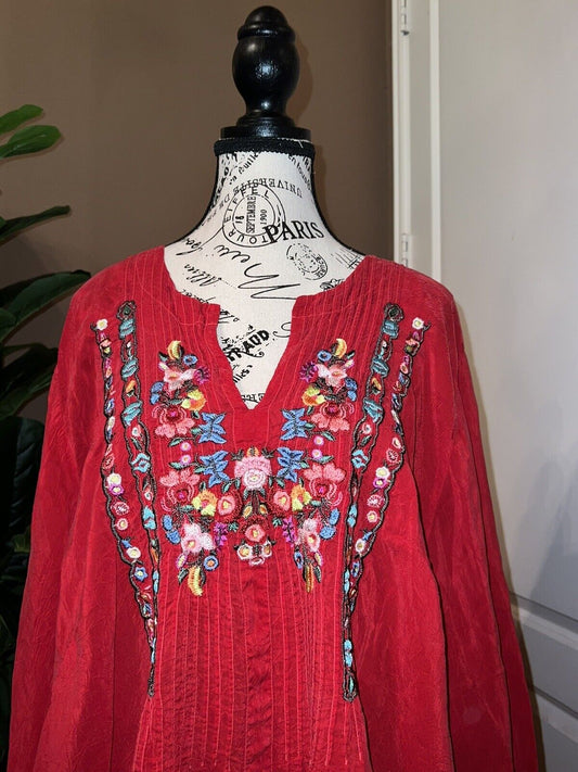 Johnny Was 1X 1XL Peasant Top Red Silky Handkerchief Hem Embroidered Tunic