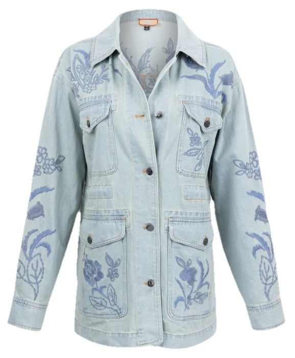 Johnny Was XL Denim Jacket Shacket Coat Embroidered Blue Light Wash Johnny Was