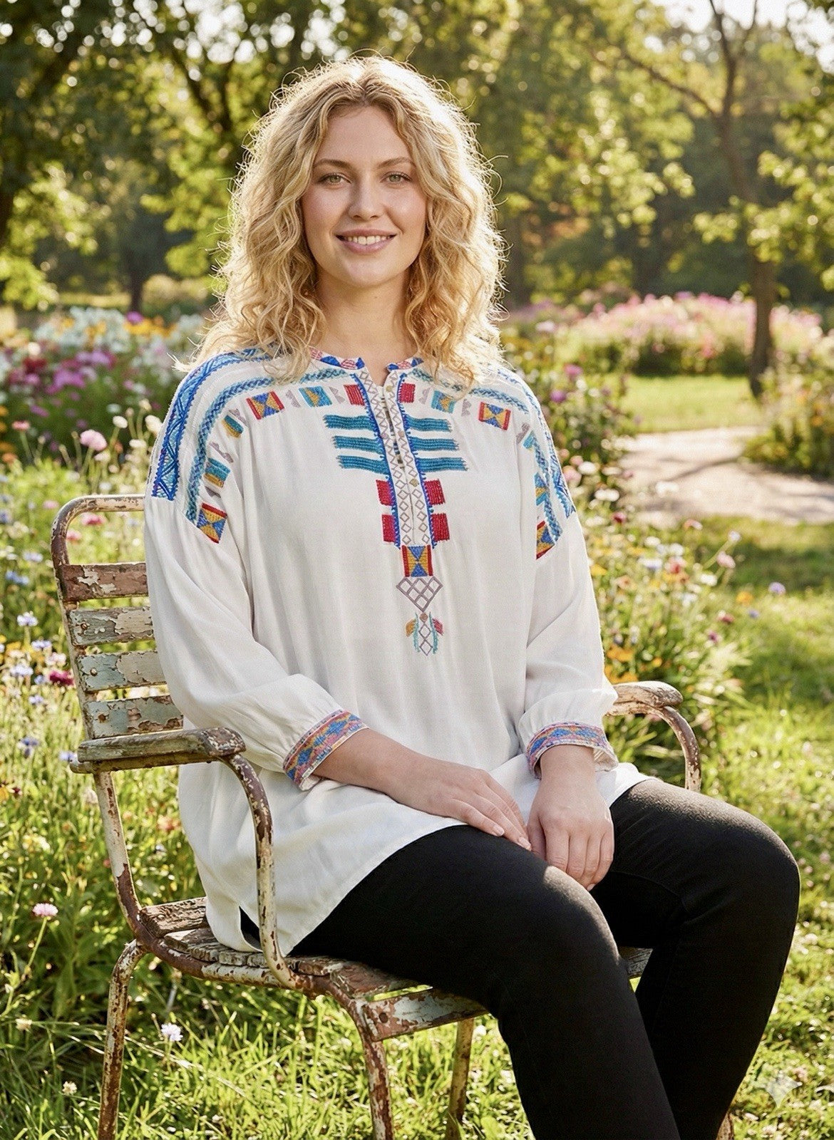 Johnny Was L Large Cream White Velvet Peasant Tunic Top Blouse Embroidered Johnny Was