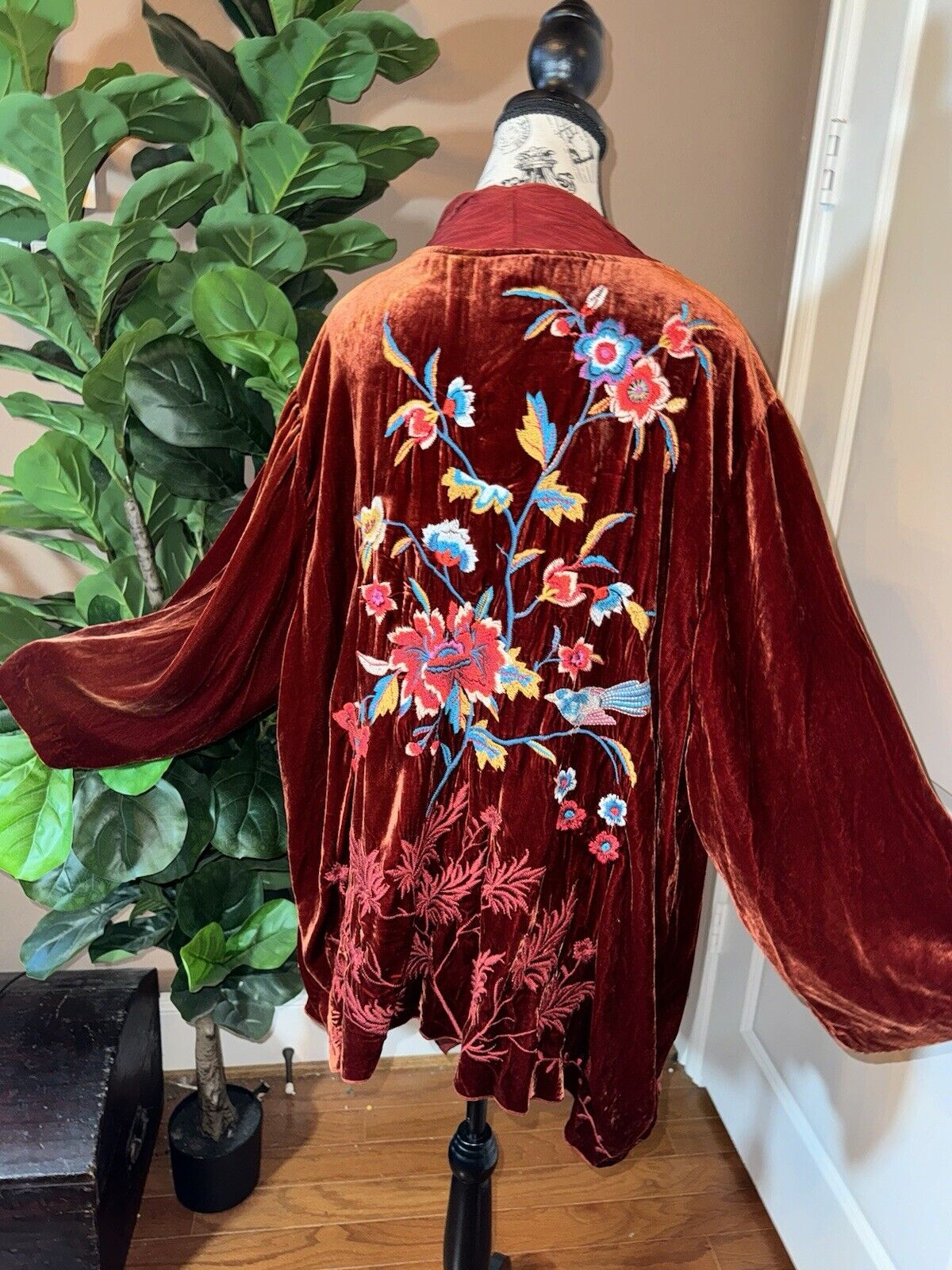 Johnny Was 3X Wine Red Velvet & Silk Kimono Wrap Embroidered Cardigan Jacket