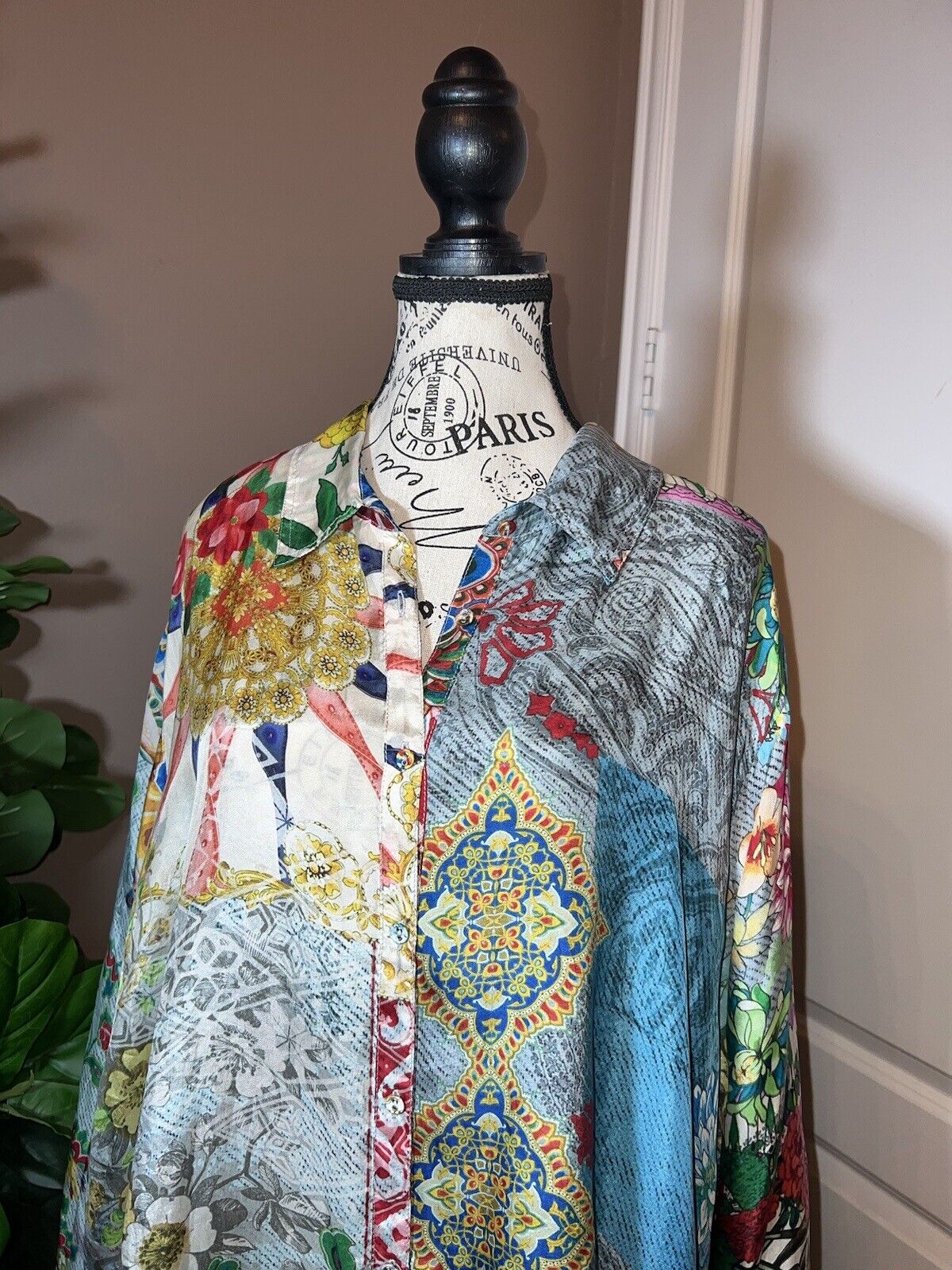 Johnny Was 100% Silk Long Sleeve Tunic Top Button Up Blouse Kimono Sz 1X 1XL XL