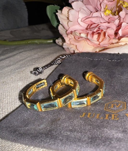 Julie Vos Baguette Clear Blue & 24k Gold Plated Hoop  Earrings 1.25” Julie Vos