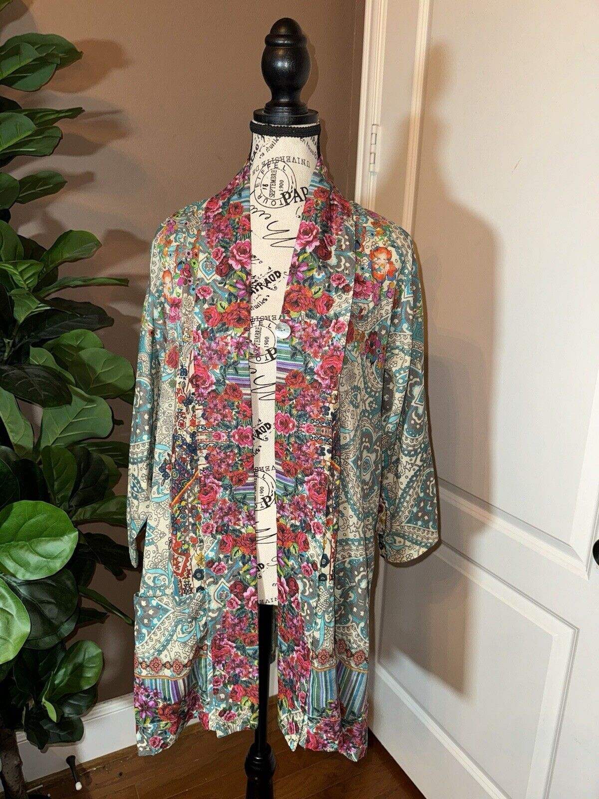 Johnny Was 100% Cotton Kimono M Medium Top Wrap Cardigan Jacket Pockets