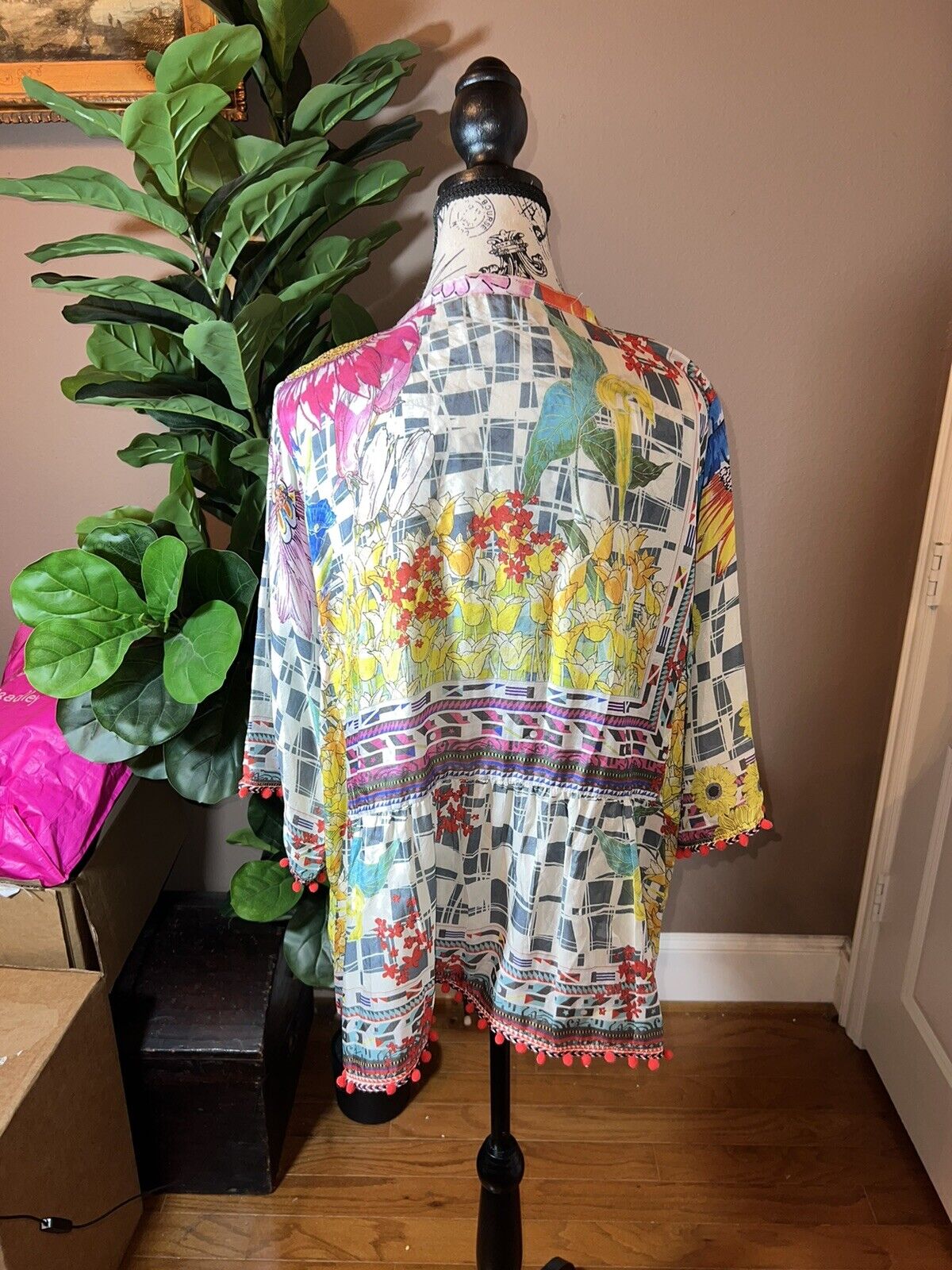 Johnny Was 100% Silk Tunic Top With Puff Ball Trim Sz Petite XL  PXL