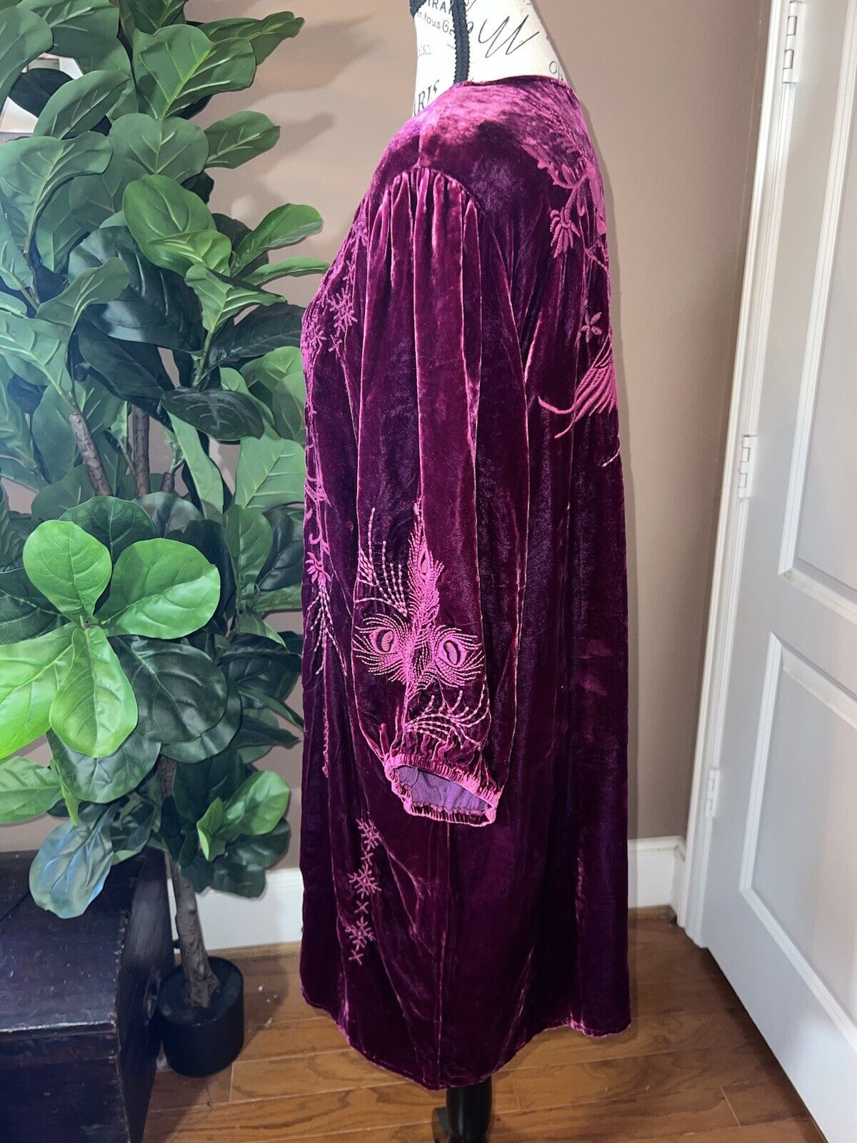 Johnny Was Large Wine Velvet Mini Shift Dress Peacock Embroidered Tunic Top