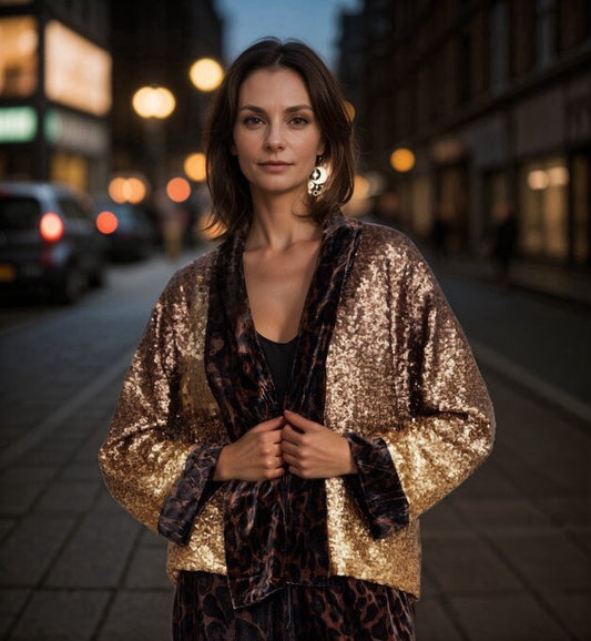 Johnny Was XL Kimono Silk Velvet & Sequins Gold Leopard Jacket Wrap Coat Johnny Was