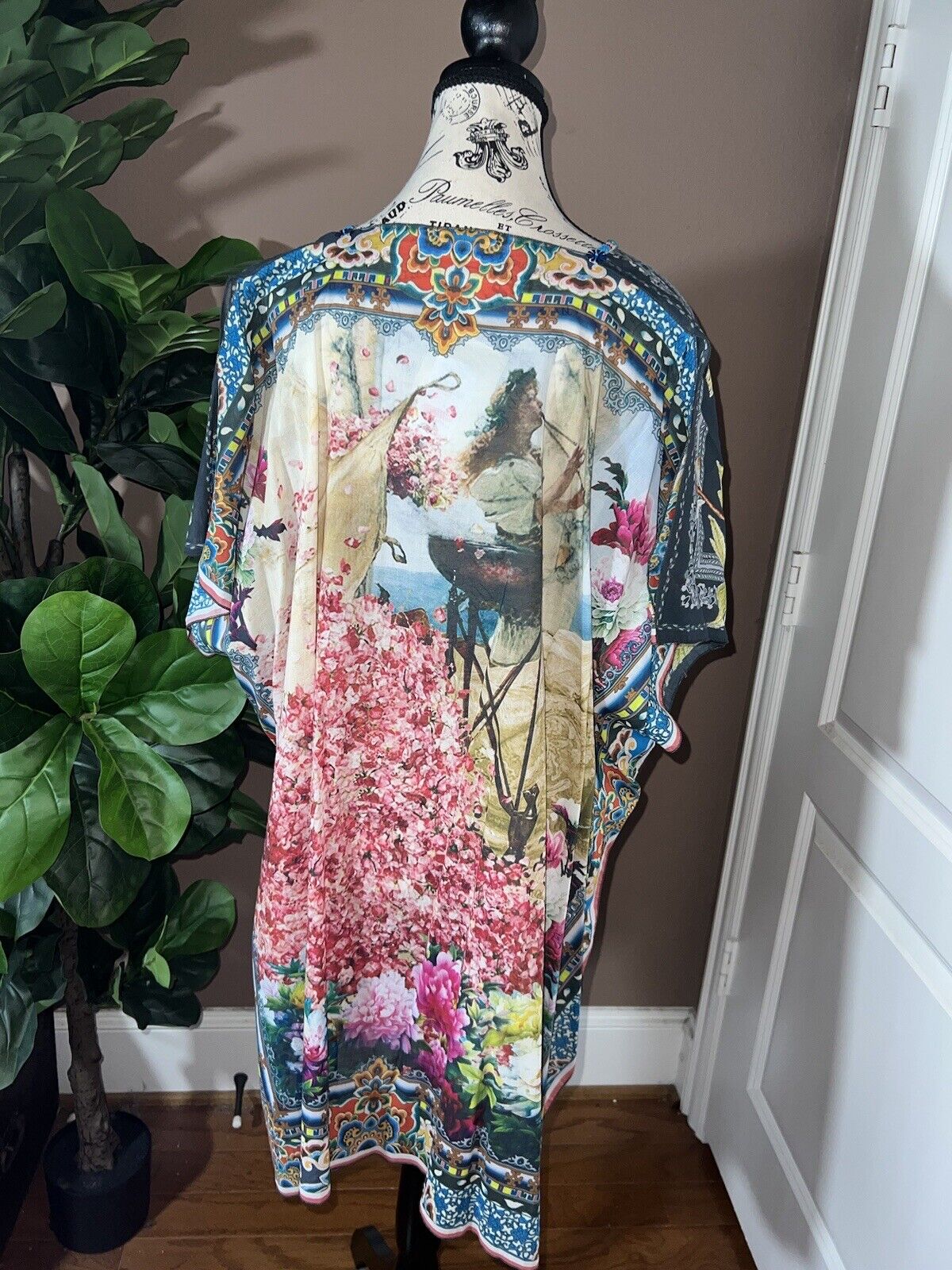 Johnny Was O/S Kimono Wrap Top Cover Up Beautiful Back & Beading Summer One Size