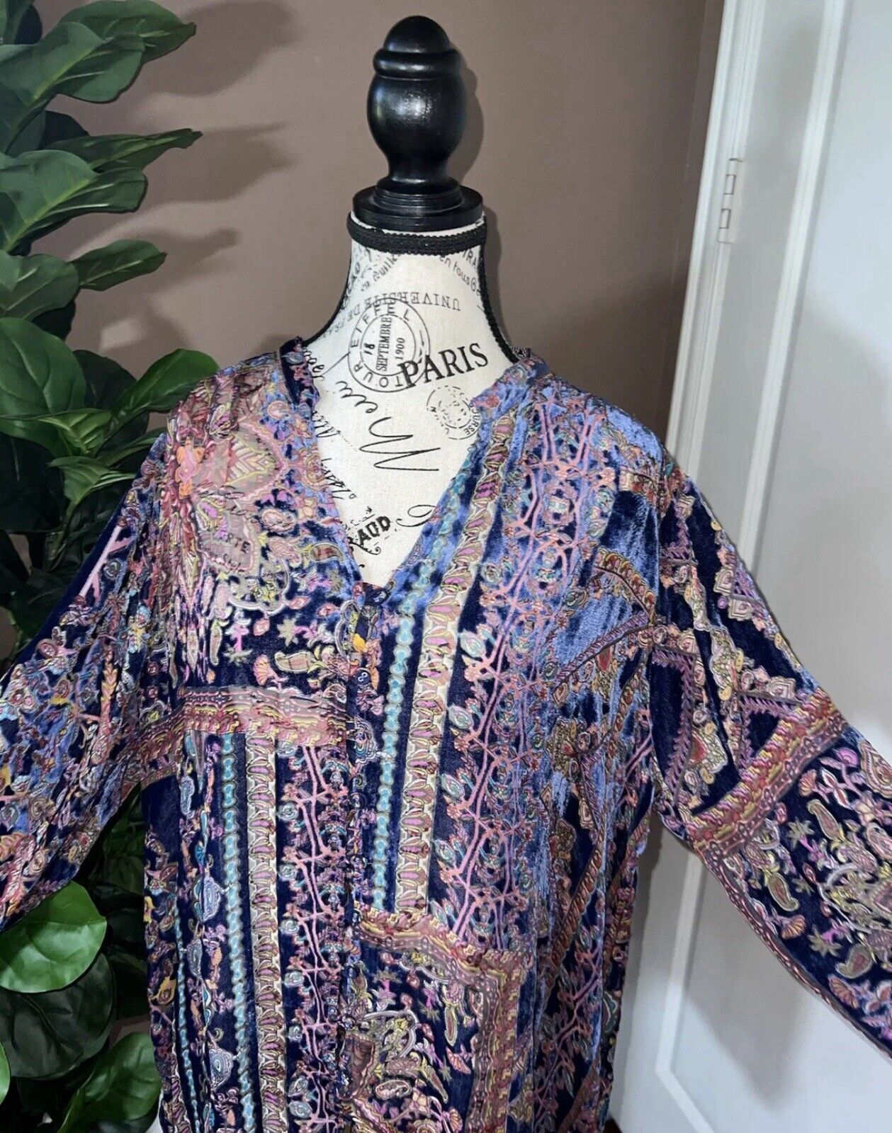 Johnny Was 3X Burnout Velvet & Silk Blouse Long Sleeve Top Purple & Blue