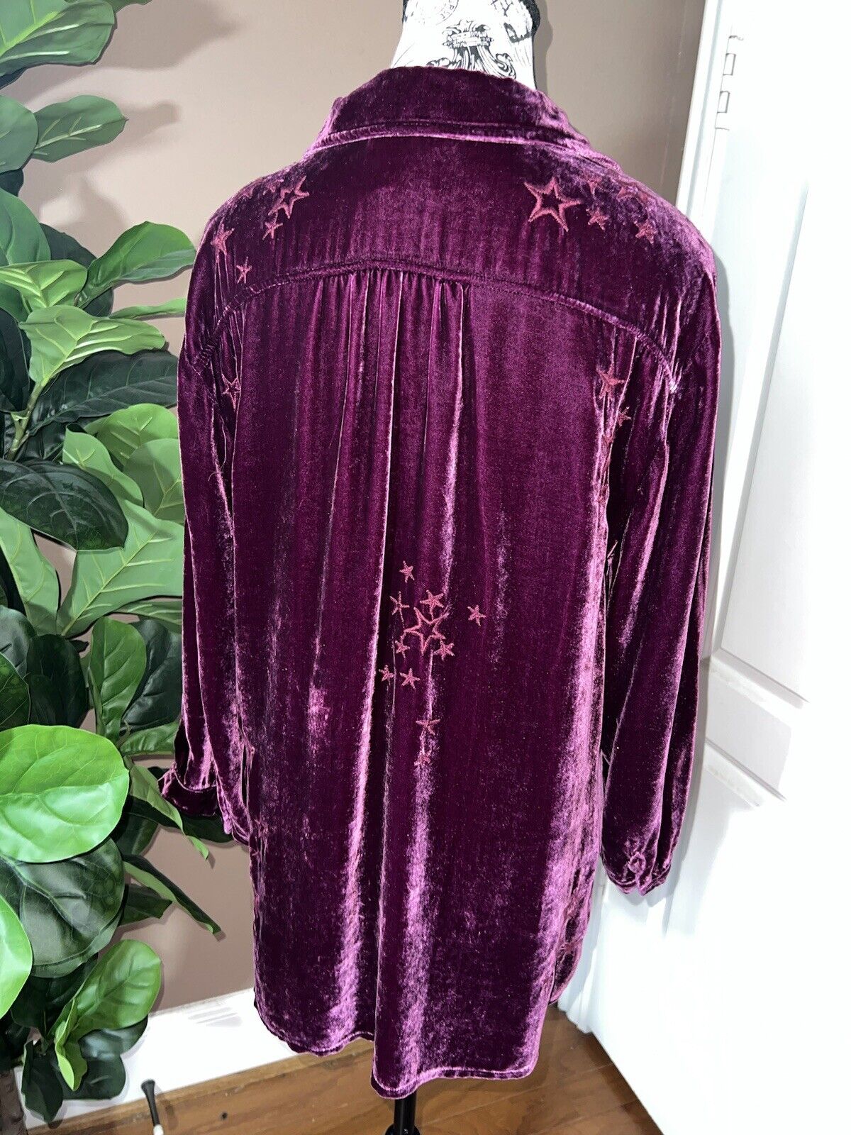 Johnny Was Sz XL Burgundy Wine Velvet Peplum Tunic Top Tonal Embroidery