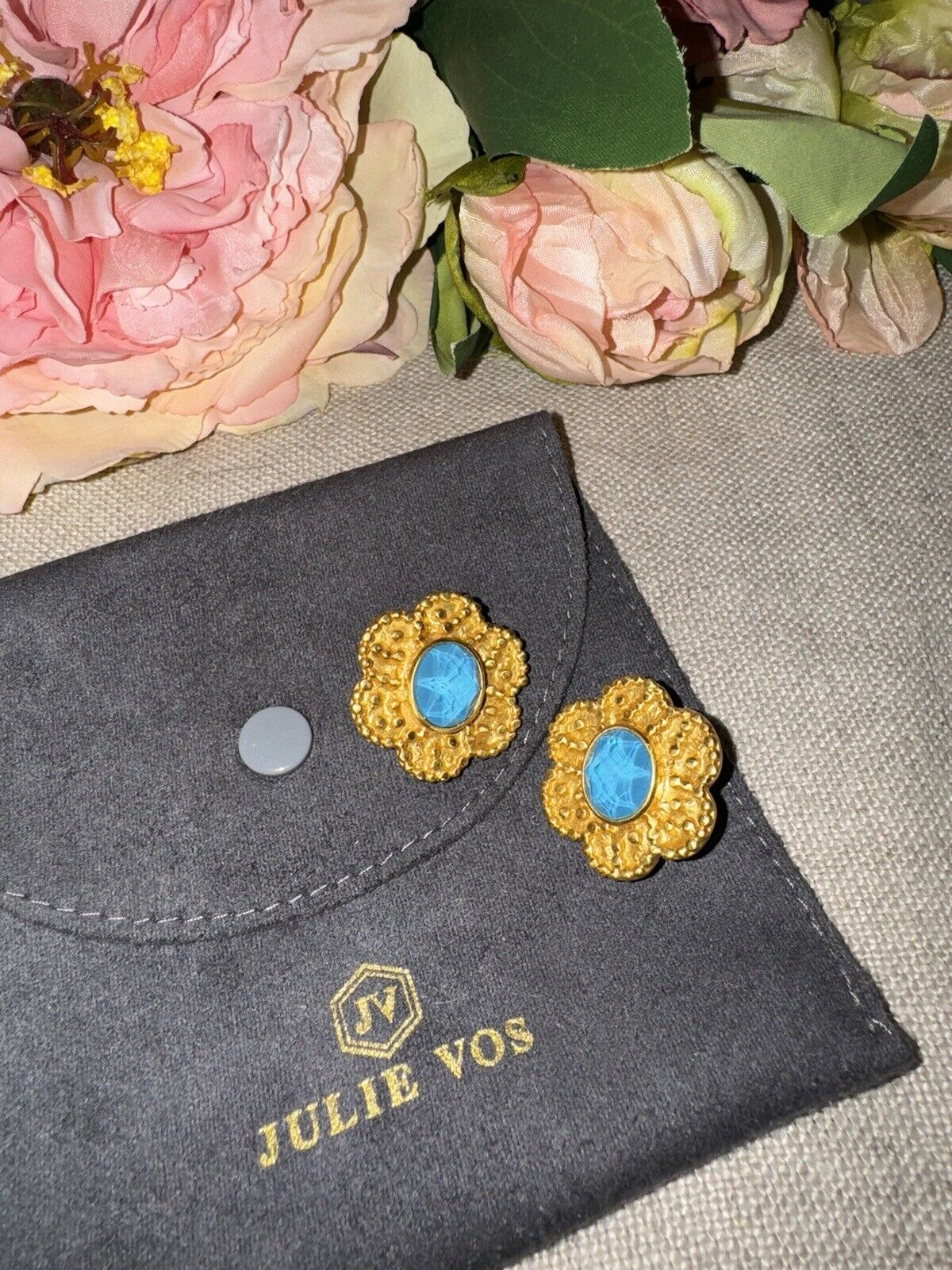 Julie Vos Pacific Blue 24k Gold Plate Flower Clip On Statement Earrings