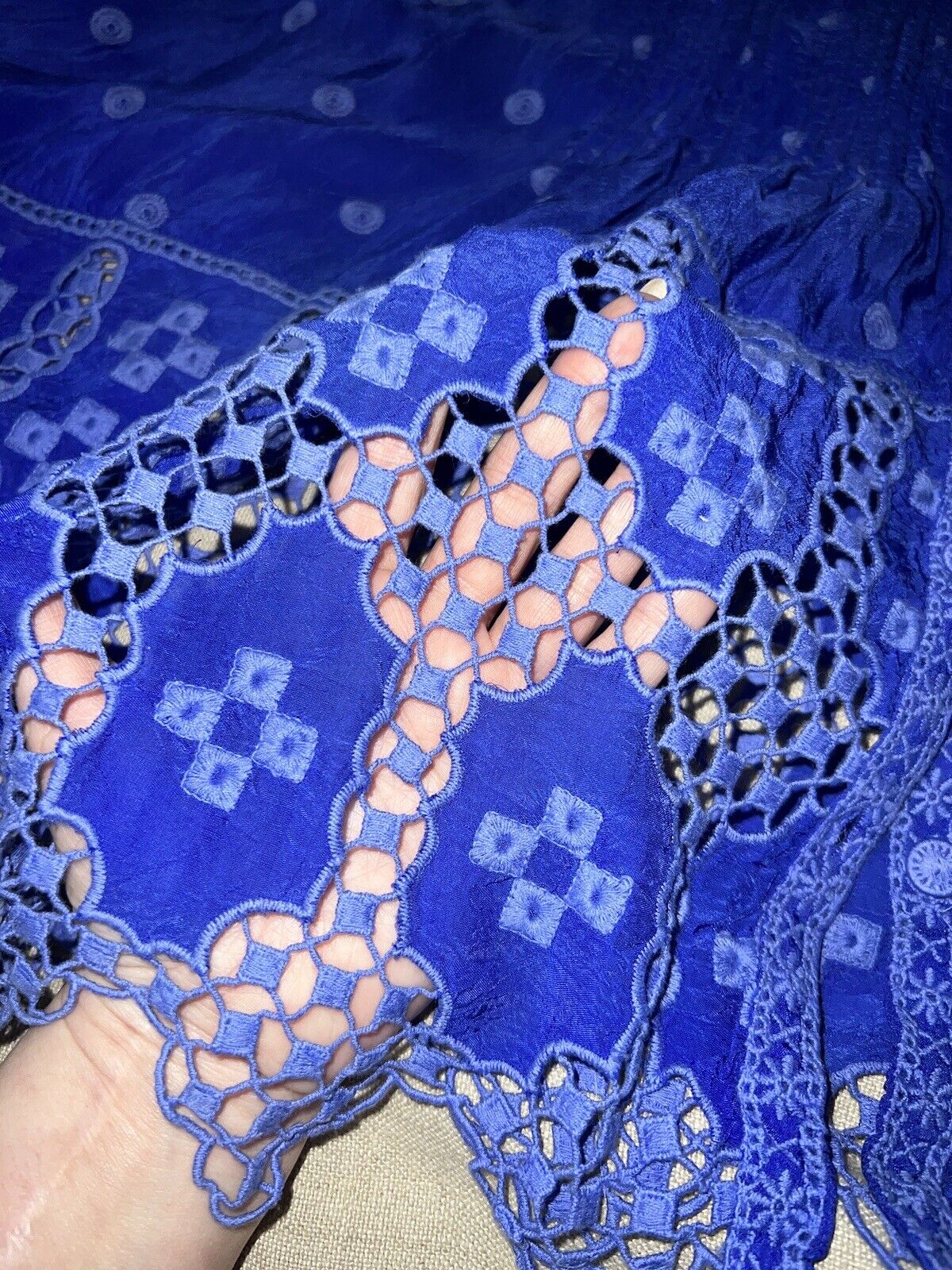 Johnny Was Sz XL Silky Cobalt Blue Tunic Top Embroidered Eyelet Lace Summer