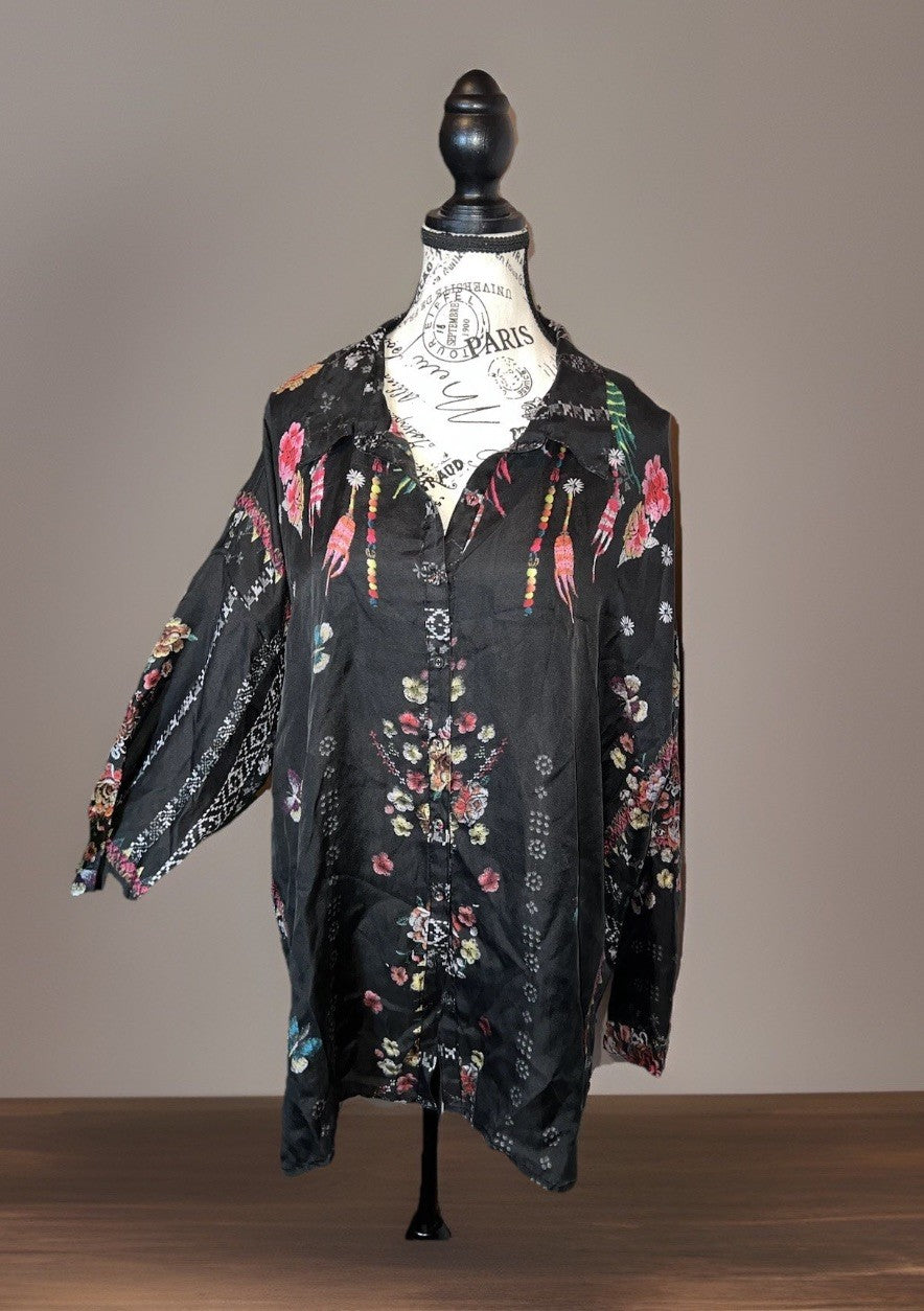 Johnny Was L 100% Silk Button Up Blouse Shirt Long Sleeve Tunic Top Lightweight Johnny Was