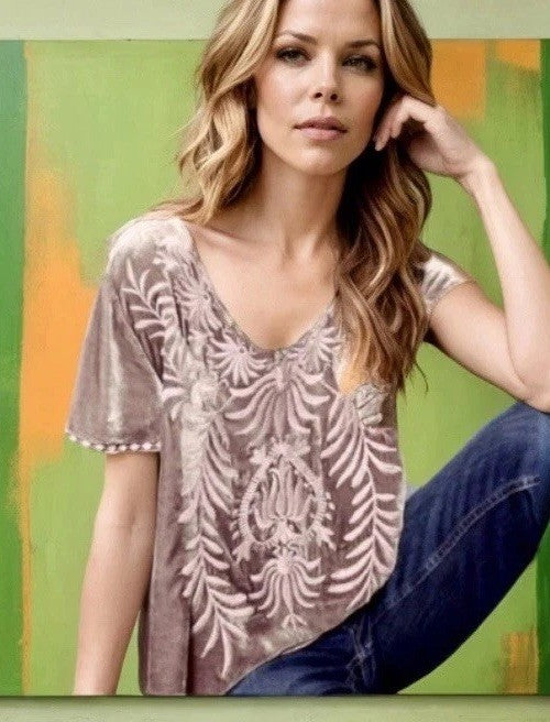 Johnny Was 1X Dusty Rose Pink Velvet Tunic Top Blouse Flutter Sleeve Embroidered Johnny Was