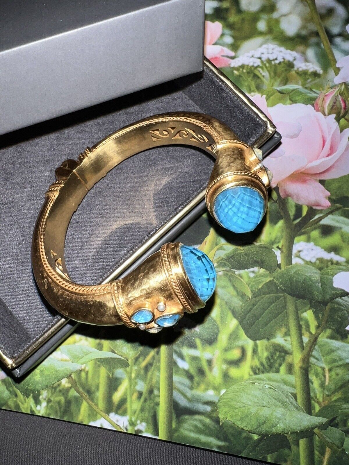 NEW Julie Vos Large Iridescent Blue Hinged Bangle Cuff Bracelet 24k Gold Plate