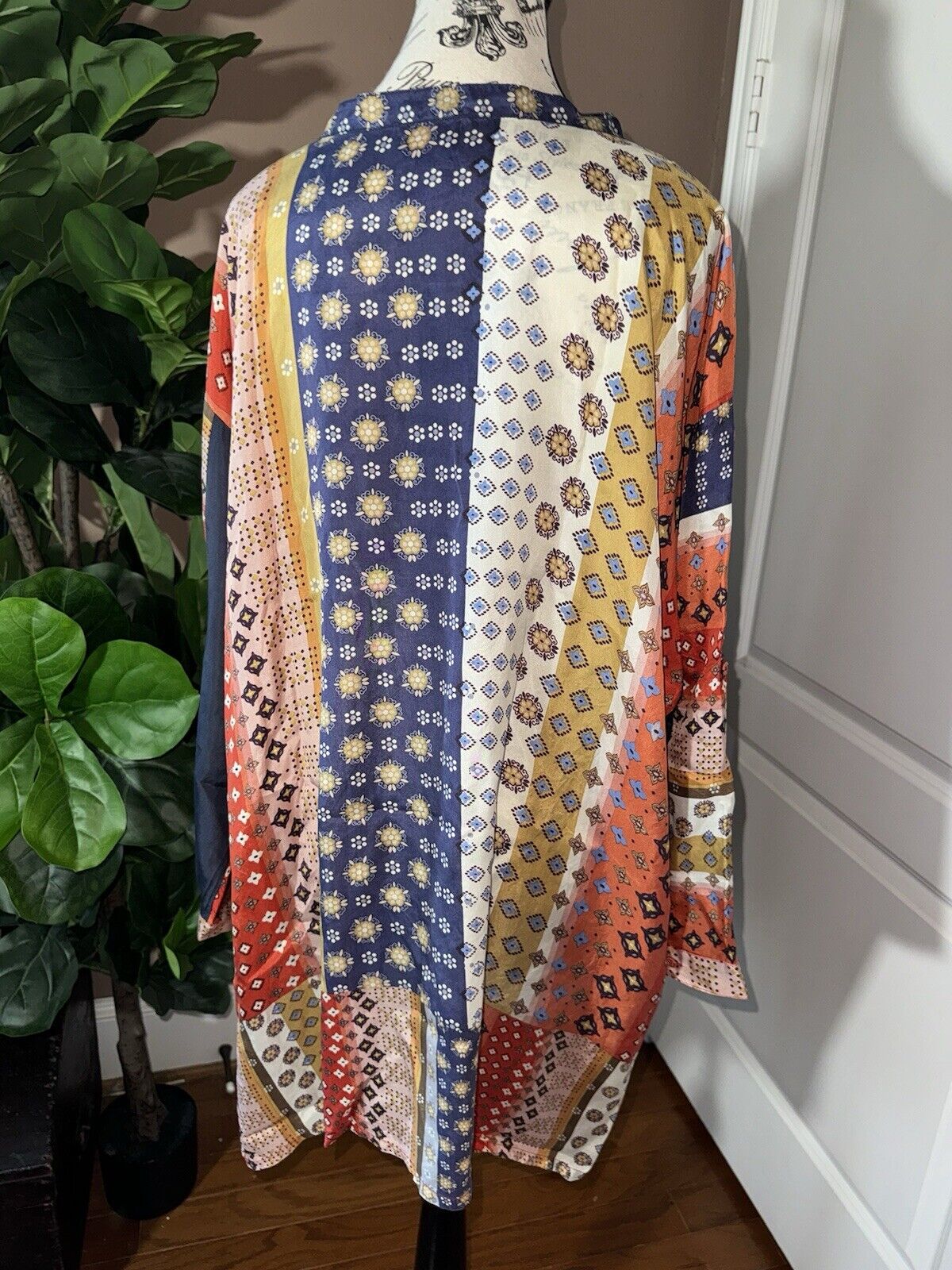 Johnny Was 3X 3XL 100% Silk Tunic Top Kimono Sleeves Button Up