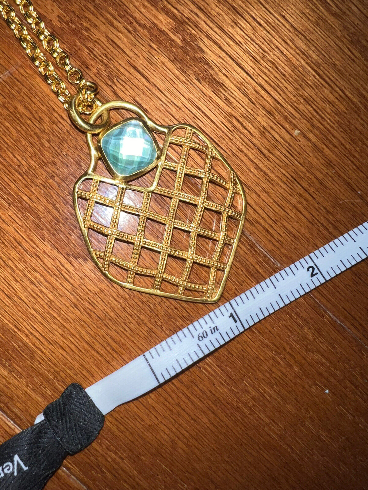 Julie Vos NECKLACE Basketweave 24k Gold Plate Pendant Iridescent Blue/Green