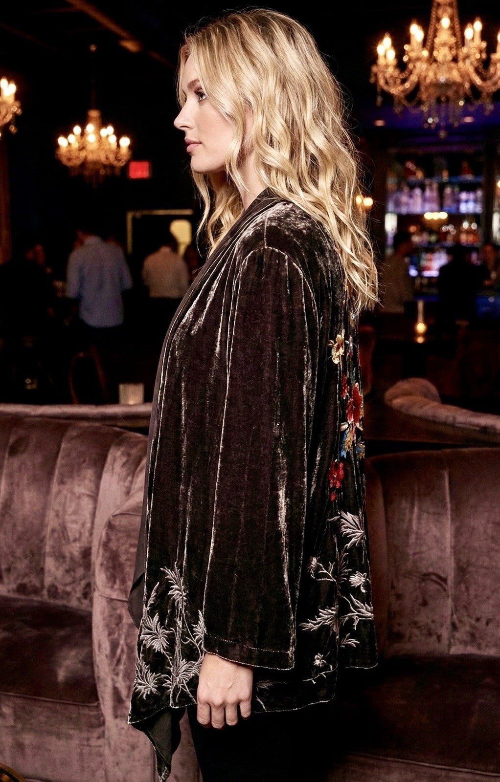 Johnny Was L Brown Velvet & Silk Panel Kimono Embroidery Wrap Cardigan Jacket Johnny Was