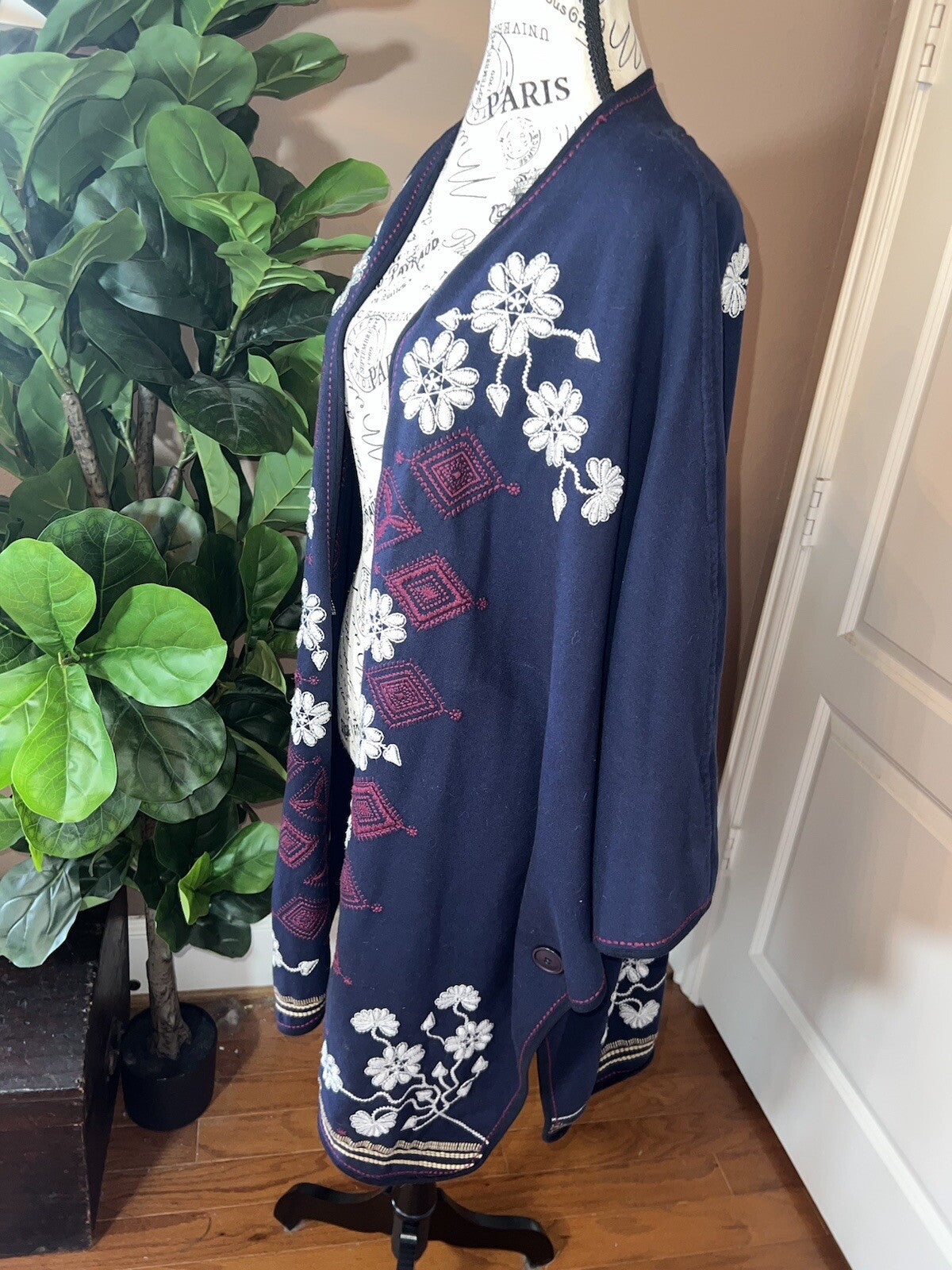 Johnny Was Navy Blue & Red French Terry 3X Kimono Wrap Poncho Coat Jacket Johnny Was