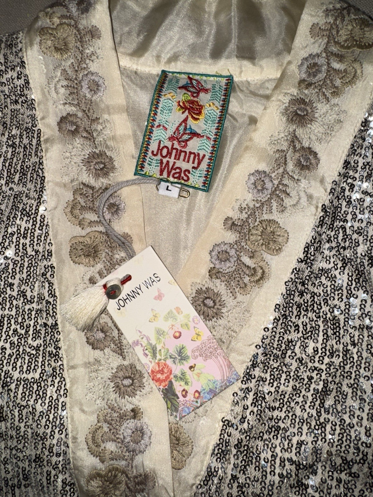 Johnny Was L Silk & Sequins Ivory KIMONO Long Duster Wrap PTP-30” OVERSIZED Johnny Was