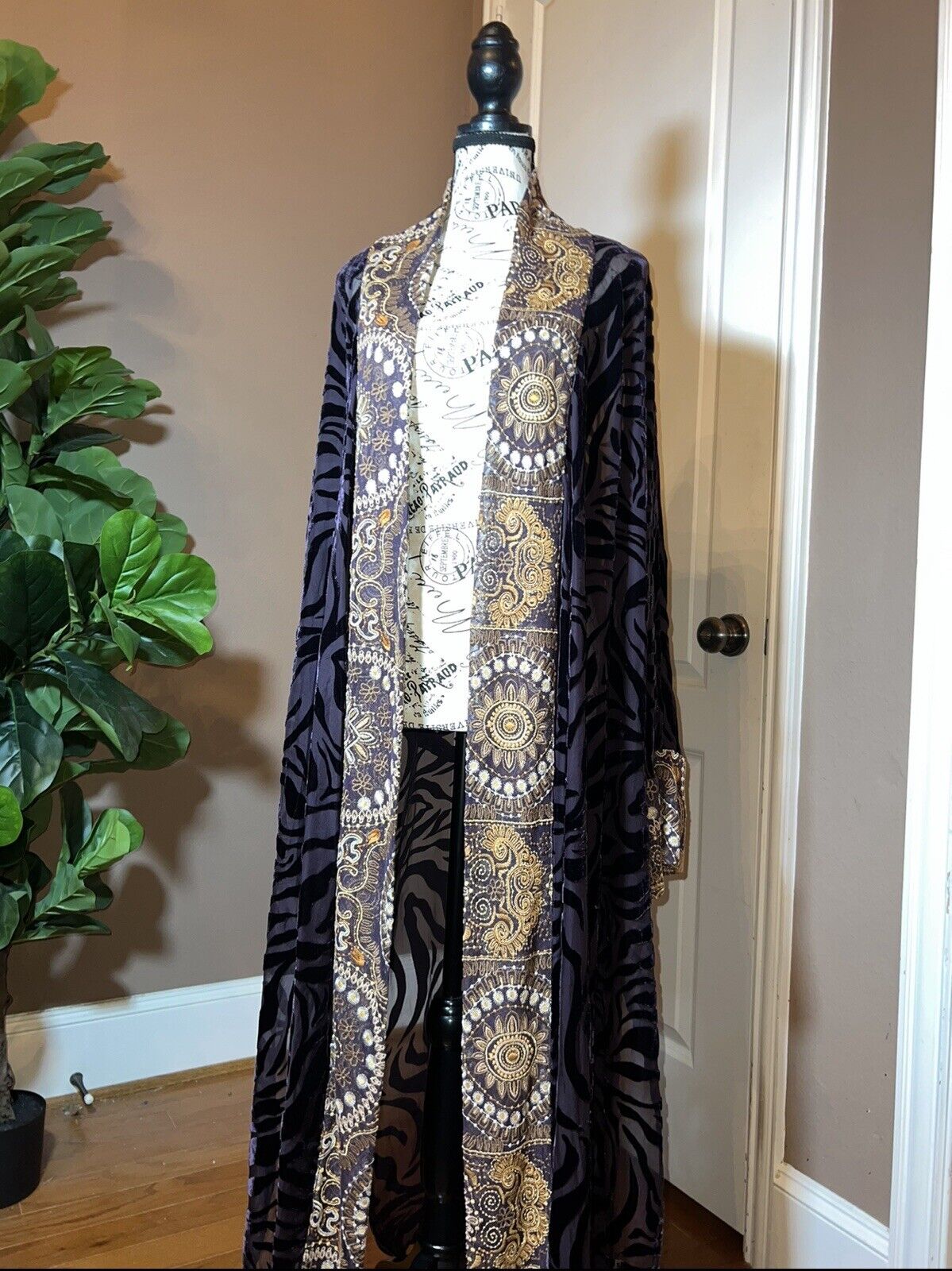 Johnny Was XL Burnout Velvet Long Kimono Duster Wrap Deep Plum Wine Zebra & Gold