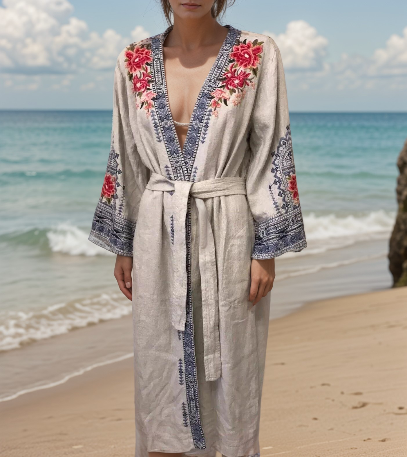 Johnny Was Grey XL Long Kimono Duster Coat Embroidery Linen MISSING BELT