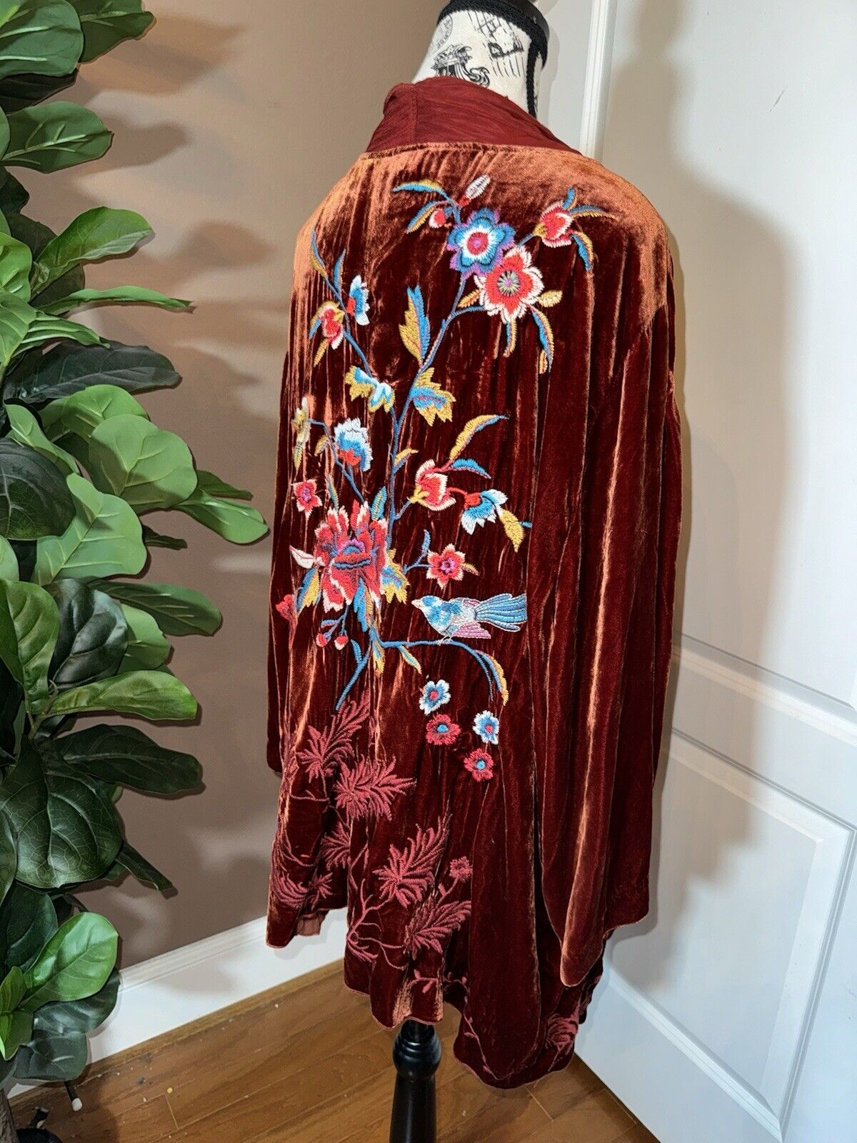 Johnny Was 3X Wine Red Velvet & Silk Kimono Wrap Embroidered Cardigan Jacket