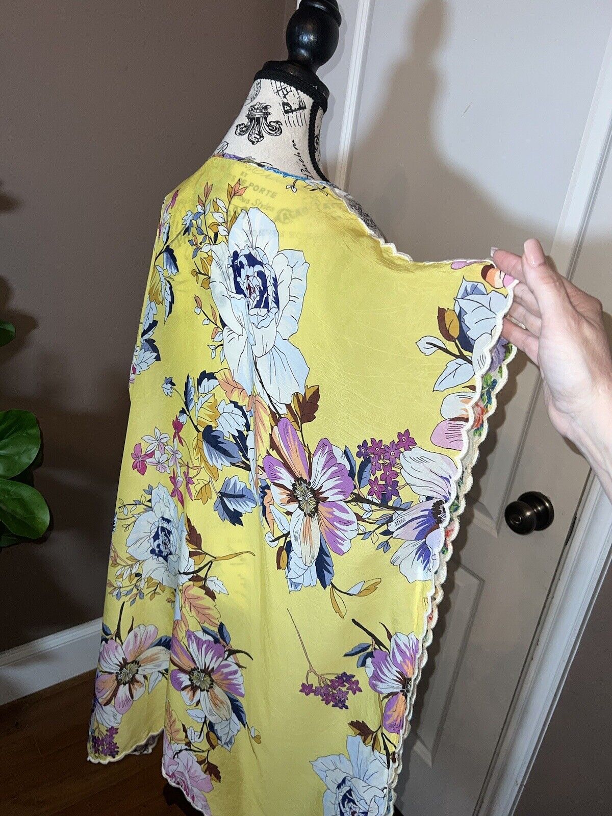 Johnny Was Silky Long Kimono Kaftan Floral & Patchwork Yellow XXL 2XL 2X SPRING