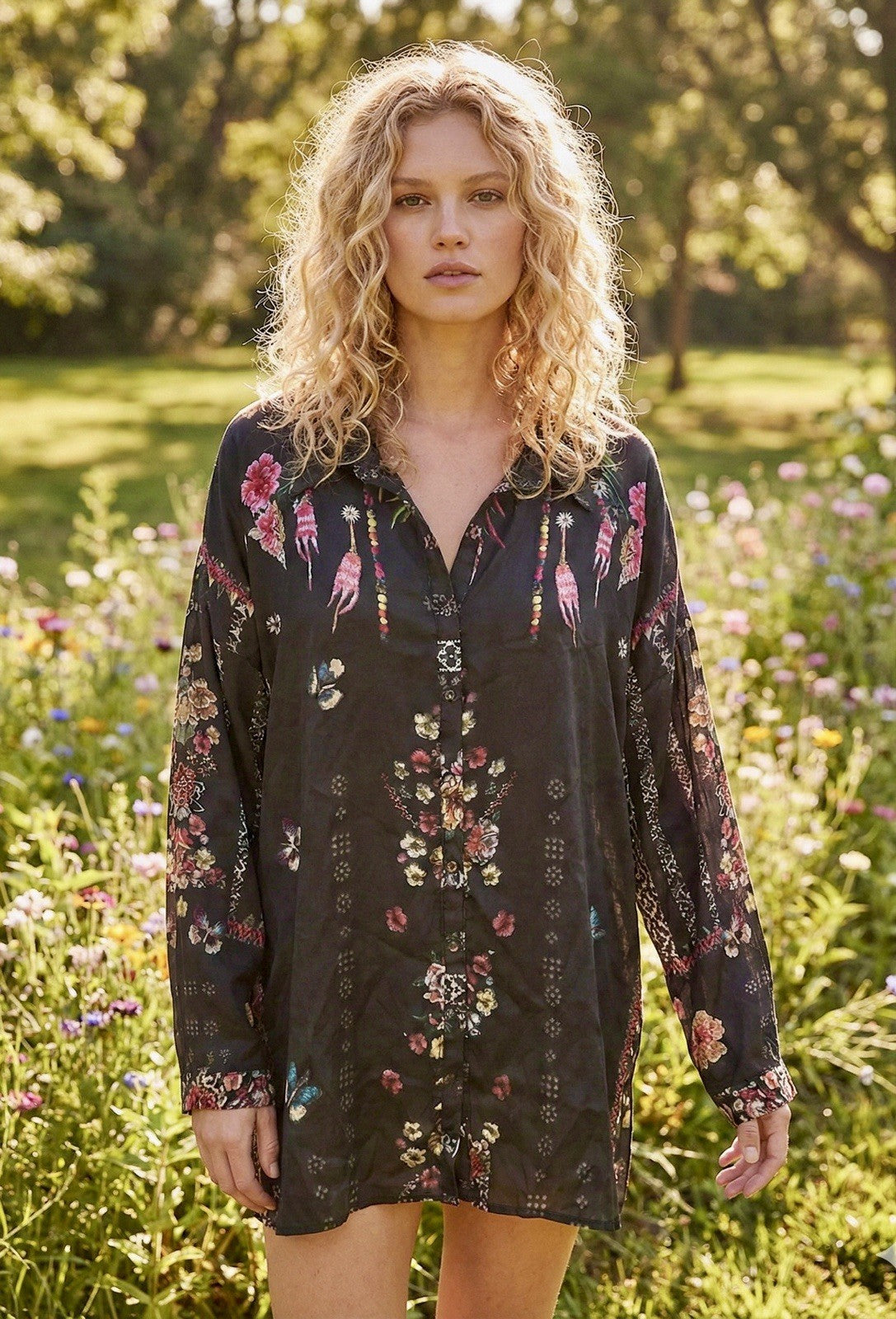 Johnny Was L 100% Silk Button Up Blouse Shirt Long Sleeve Tunic Top Lightweight Johnny Was