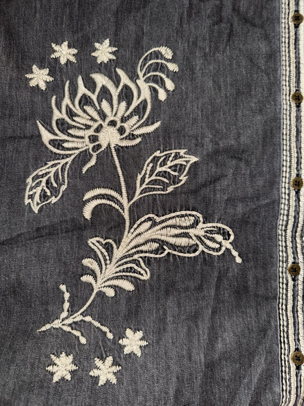 Johnny Was L Denim Chore Jacket Shacket Coat Black Grey Wash Embroidered Johnny Was