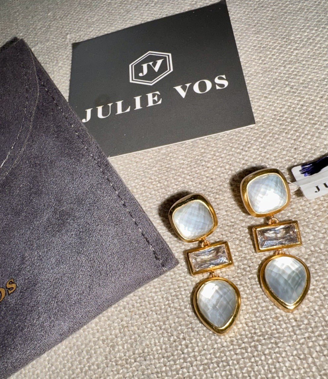 Julie Vos Iridescent Clear White Drop Earrings 24k Gold Plated   STUNNING Julie Vos