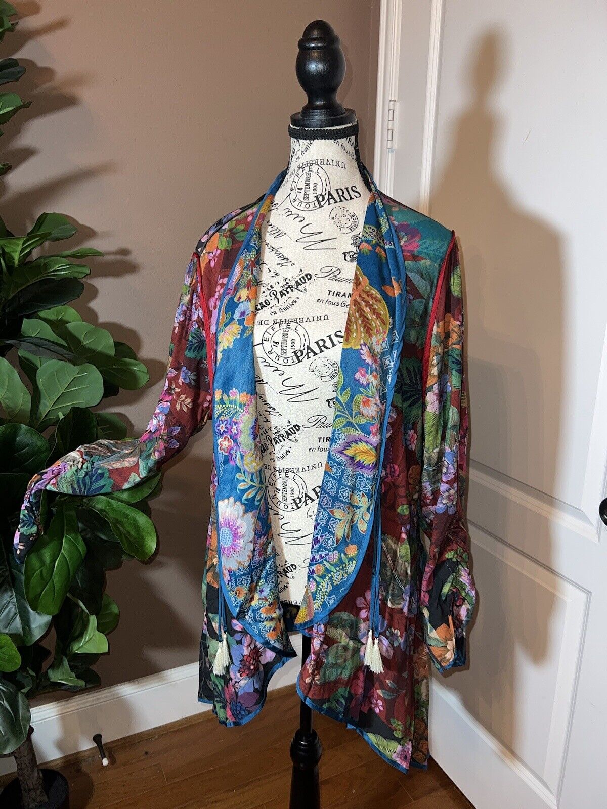 Johnny Was Duster Kimono REVERSIBLE XL 1X   Teal Blue & Wine Red Florals