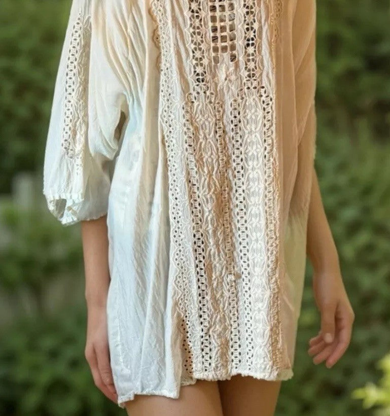 Johnny Was 3X Ivory Long Sleeve Tunic Top Blouse Shirt Off White Eyelet Lace Johnny Was