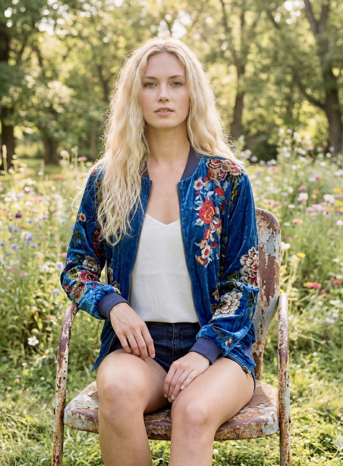 Johnny Was L Blue Velvet Bomber Jacket Flight Coat Floral Lightweight Warm Soft Johnny Was