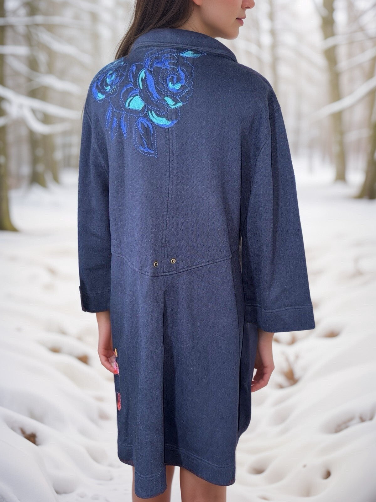 Johnny Was XL Blue Military Trench Coat Jacket Navy W/ Embroidery  Soft Johnny Was