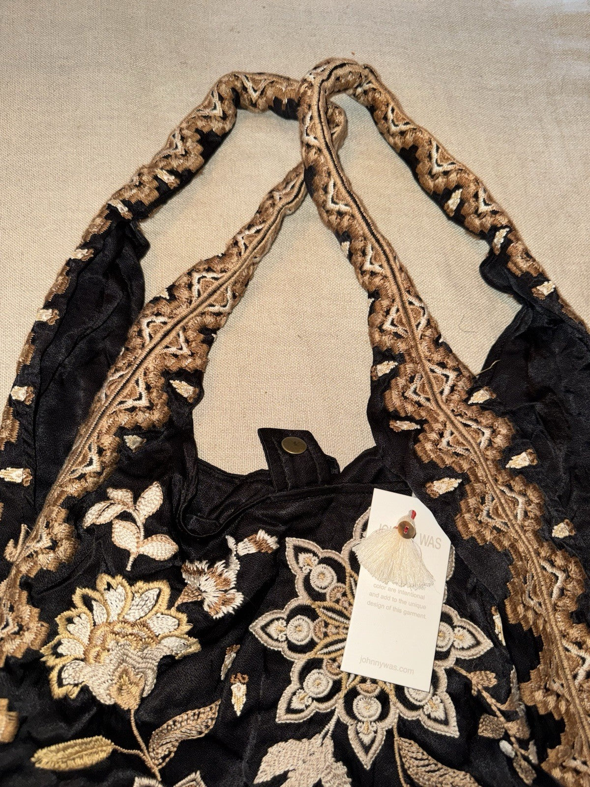 Johnny Was Large Black & Gold Satin Hobo Bag Slouch Tote Purse Embroidered Johnny Was